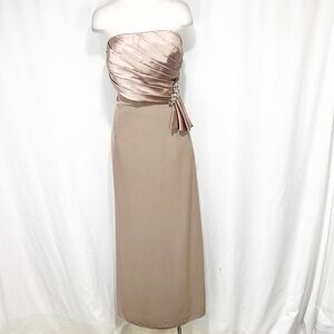 Montage by Mon Cheri Strapless Ruched Draped Gemstone Embellished Dress Taupe 14